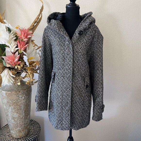 George Herringbone Wool Blend Hooded Coat with Hidden Buttons Black & White 3XL - Picture 2 of 13